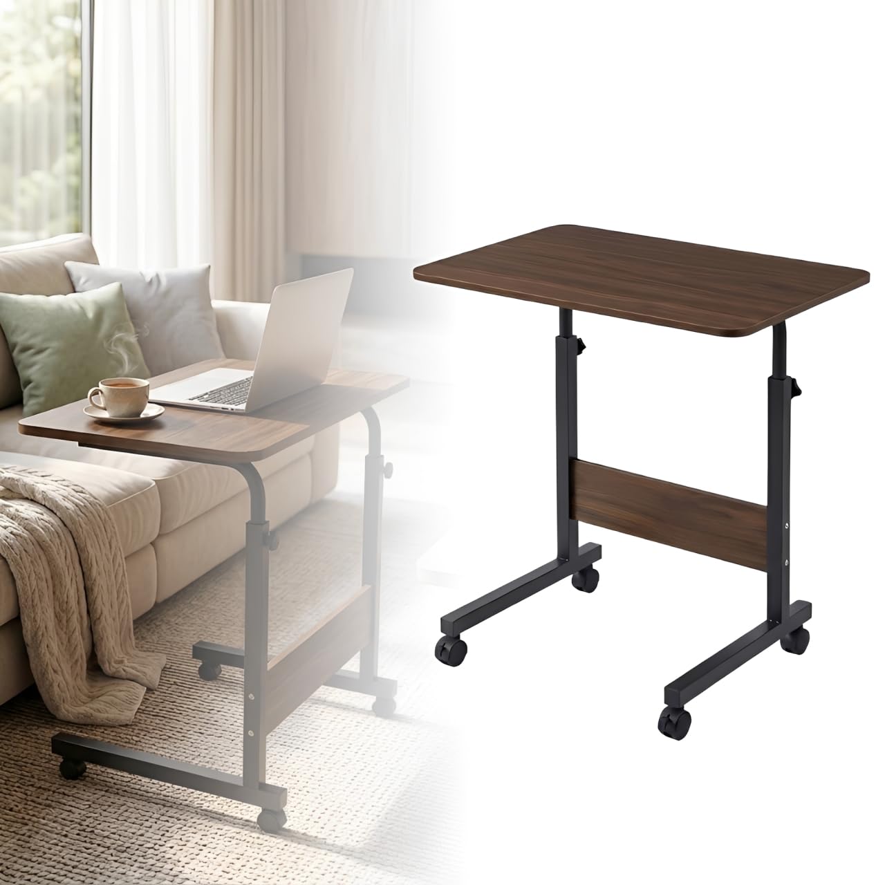 Height Adjustable Mobile Laptop Desk Rolling Overbed Table with Wheels Wooden Workstation Metal Frame Lockable Castors Bed Sofa Side Computer Desk Home Office Study, Dark Walnut