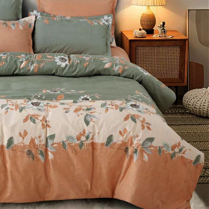 Image of Polycotton Single Bed Bedsheet, Flat Sheet with 1 Pillow Cover, Queen (60x90 inch), 300 TC, Green & Orange, Set of 2