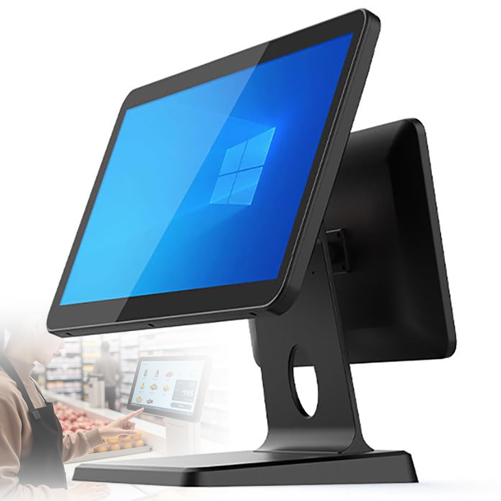 Terminale POS per negozi e ristoranti per piccole imprese | registratore di cassa professionale all-in-one con doppio schermo touch, compatibile con Windows 10(Black)