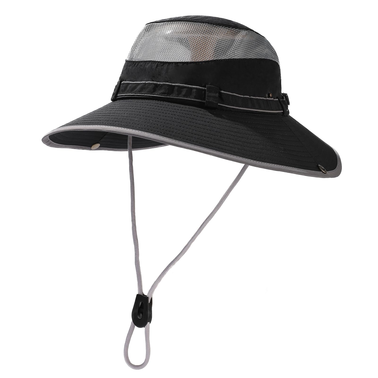 Huakunda Mens Wide Brim Sun Hat Mesh UV Protection Safari Hats Foldable Boonie Hat FishingHat for Hiking Camping Garden (US, Alpha, One Size, Black)