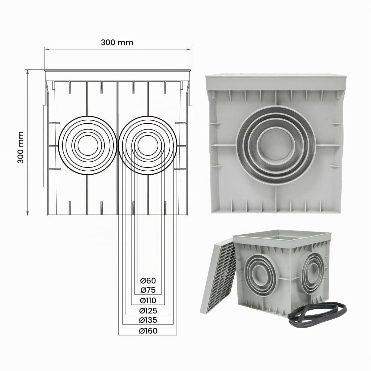 Inspection Chute Control Wasserdichte elektrische Bodenbox grau quadratisch mit Blinddeckel Einlaufschacht Kanalschacht Hofablauf 300x300