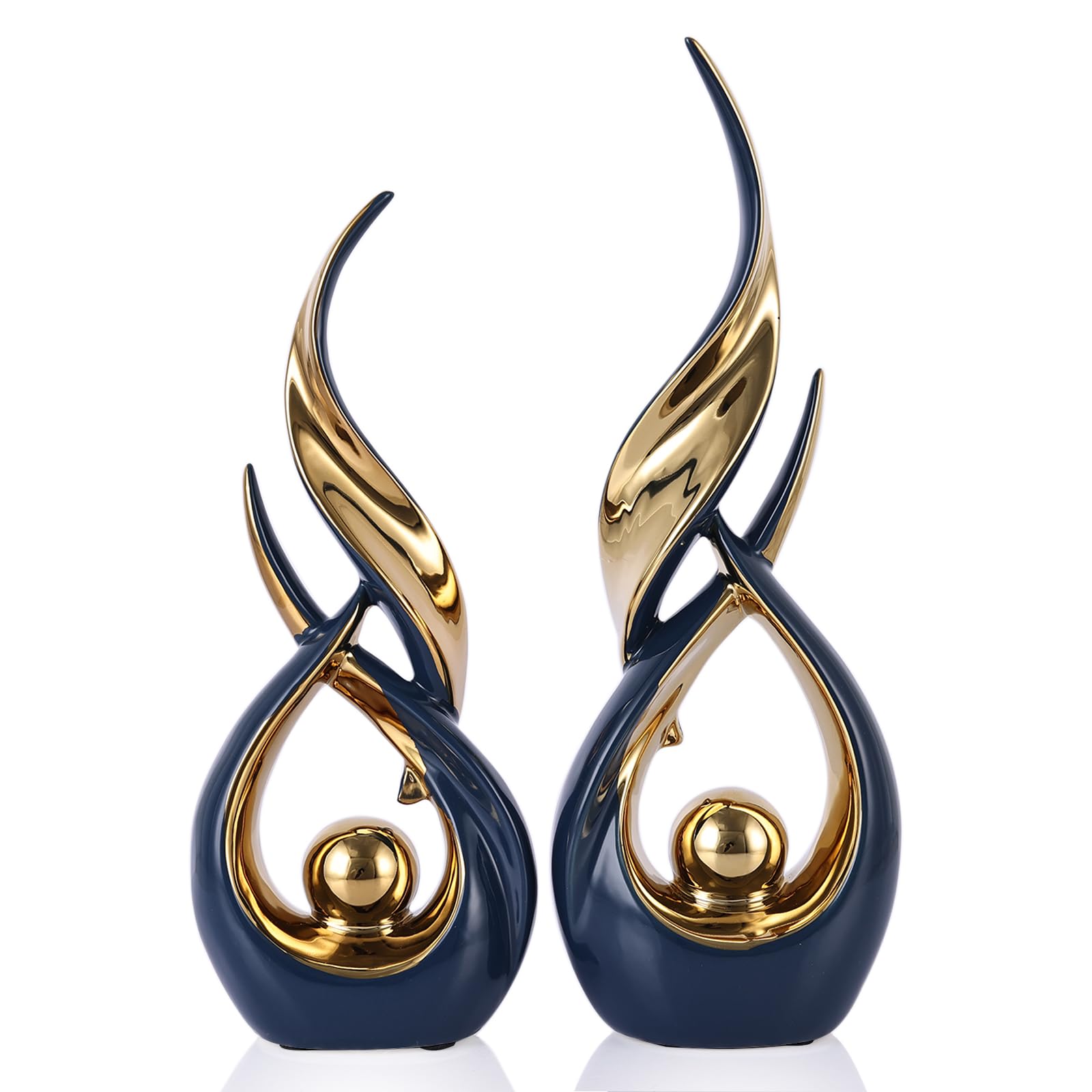 2 PCS Blue Gold Ceramic Statues For Home Decor Accents, Modern Abstract Art Sculptures, Elegant Tabletop Decorative Objects For Dining Room, Entryway, Tv Stand, Mantel, Coffee Table Centerpieces