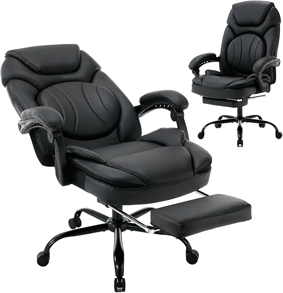 linting 160° Reclining Office Desk Chairs with Back Support Footrest, PU Leather Wide Seat Managerial Executive Chairs, 400lbs Comfortable Ergonomic Black Recliner Office Chair with Wheels
