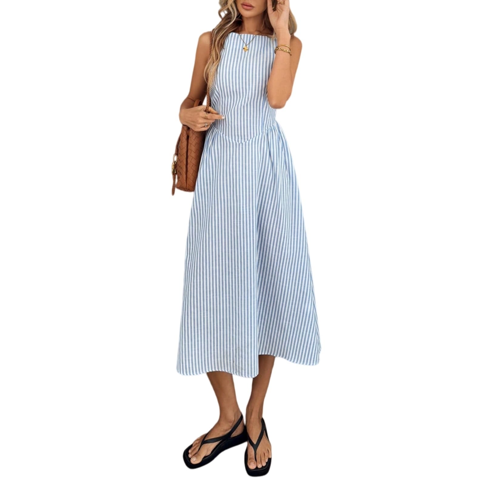 Vestito Abito A Righe Senza Maniche da Donna Estate Slim Fit Midi Dress con Design Verticali, Elegante Casual per Le Vacanze-Yellow-m