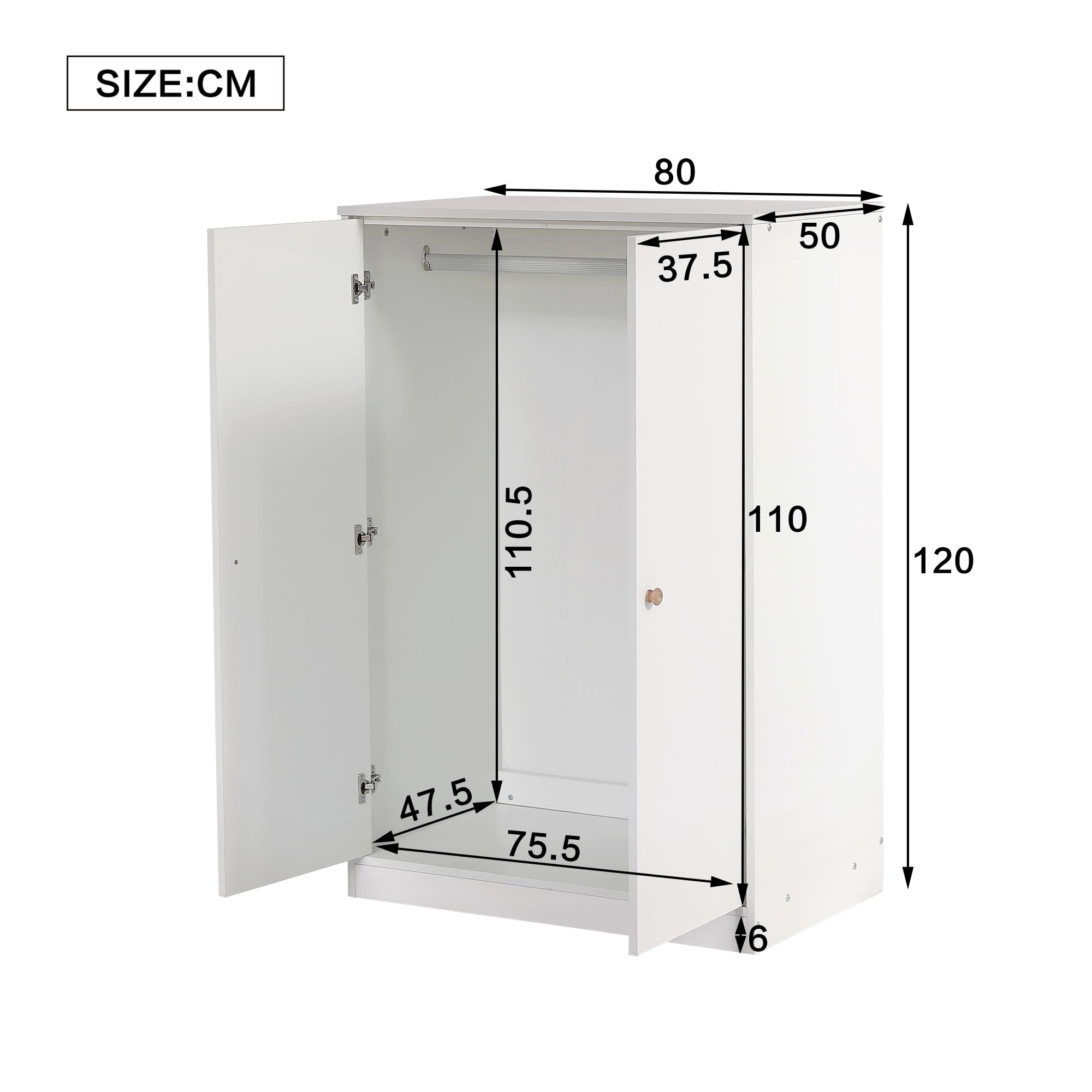 Kleiderschrank mit Stange, Doppeltürig, 80 x 50 x 120 cm, Weiß