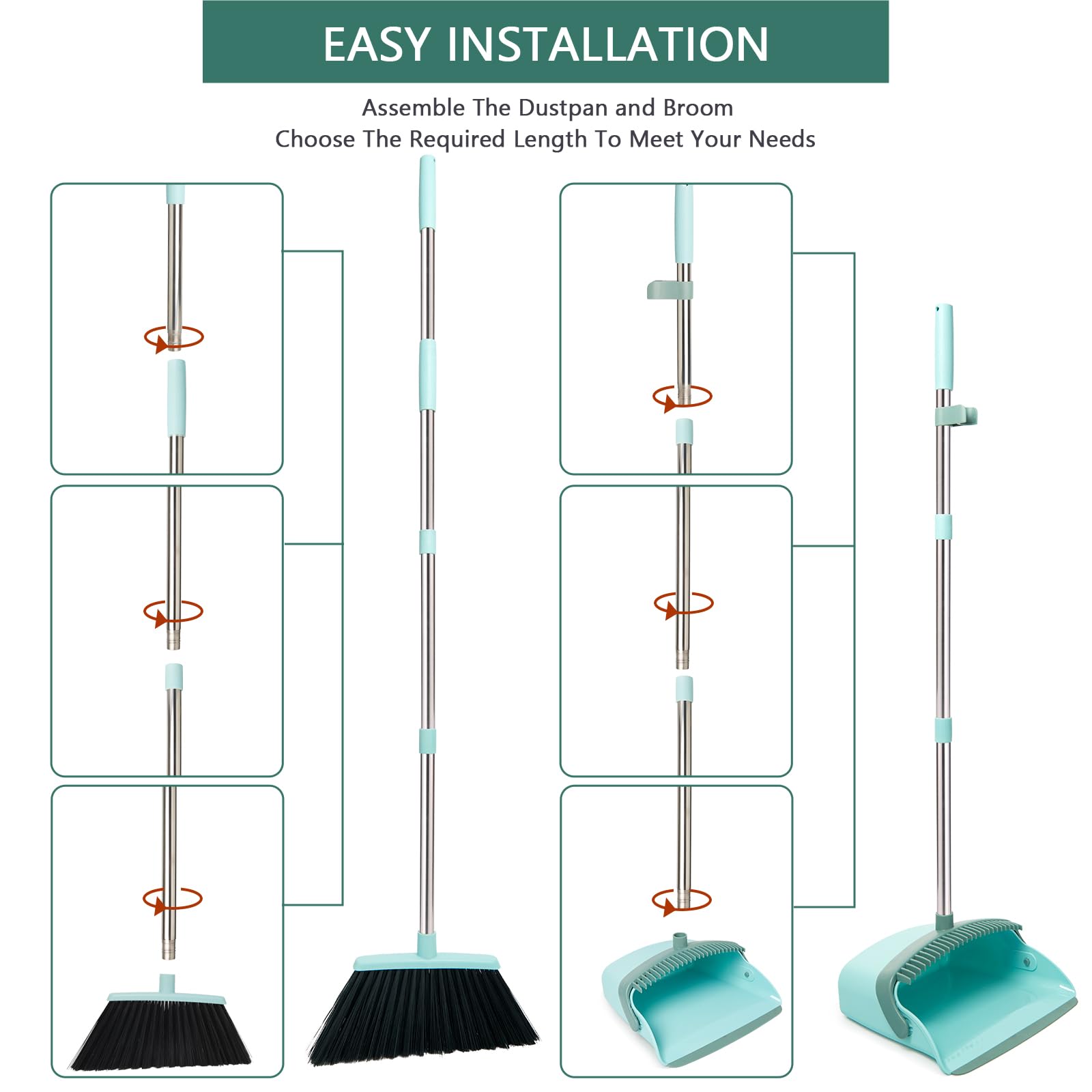 XXFLOWER Broom and Dustpan Combo Set,55" Long Handle,Green 4