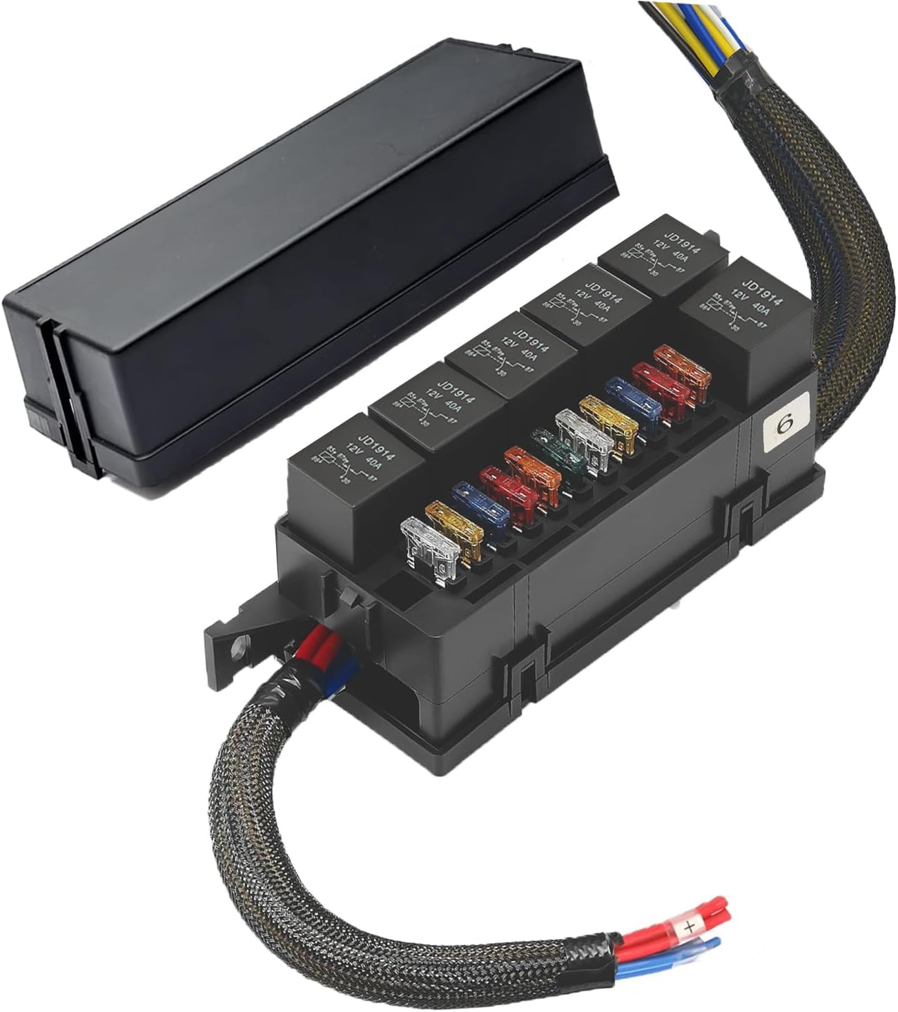 12V Fuse Relay Box,Pre-Wired Auto Replacement Fuse Holders with 11 Way ATC/ATO Blade Fuses and 6 Slot 5 Pin JD1914 40A Relays,12V Relay Fuse Block for Car Boat Truck Marine.