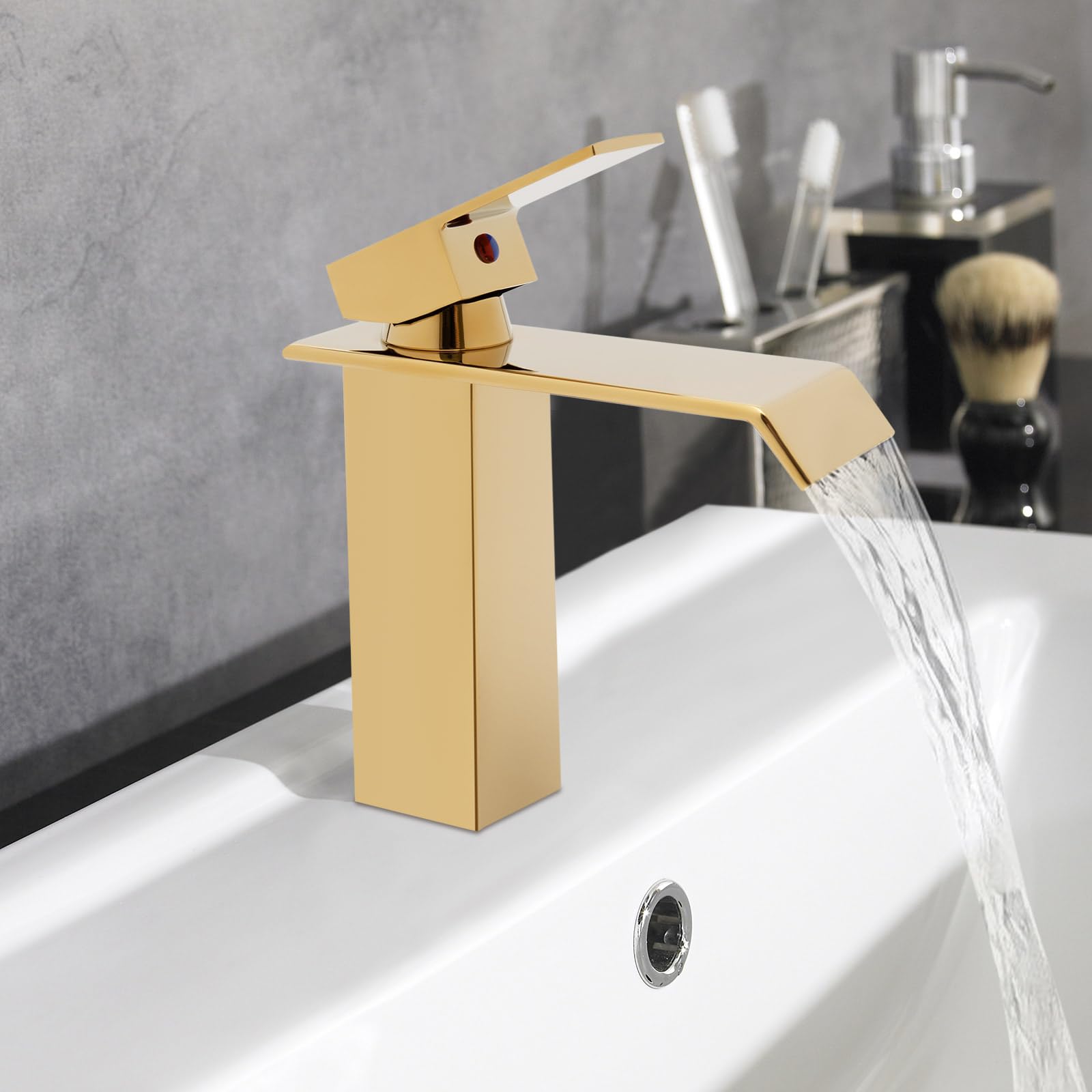 Robinet de lavabo Robinet mitigeur monocommande Robinetterie de lavabo Robinet cascade d'eau froide chaude Robinet cascade pour salle de bain avec bec tuyau d'évacuation en acier inoxydable doré