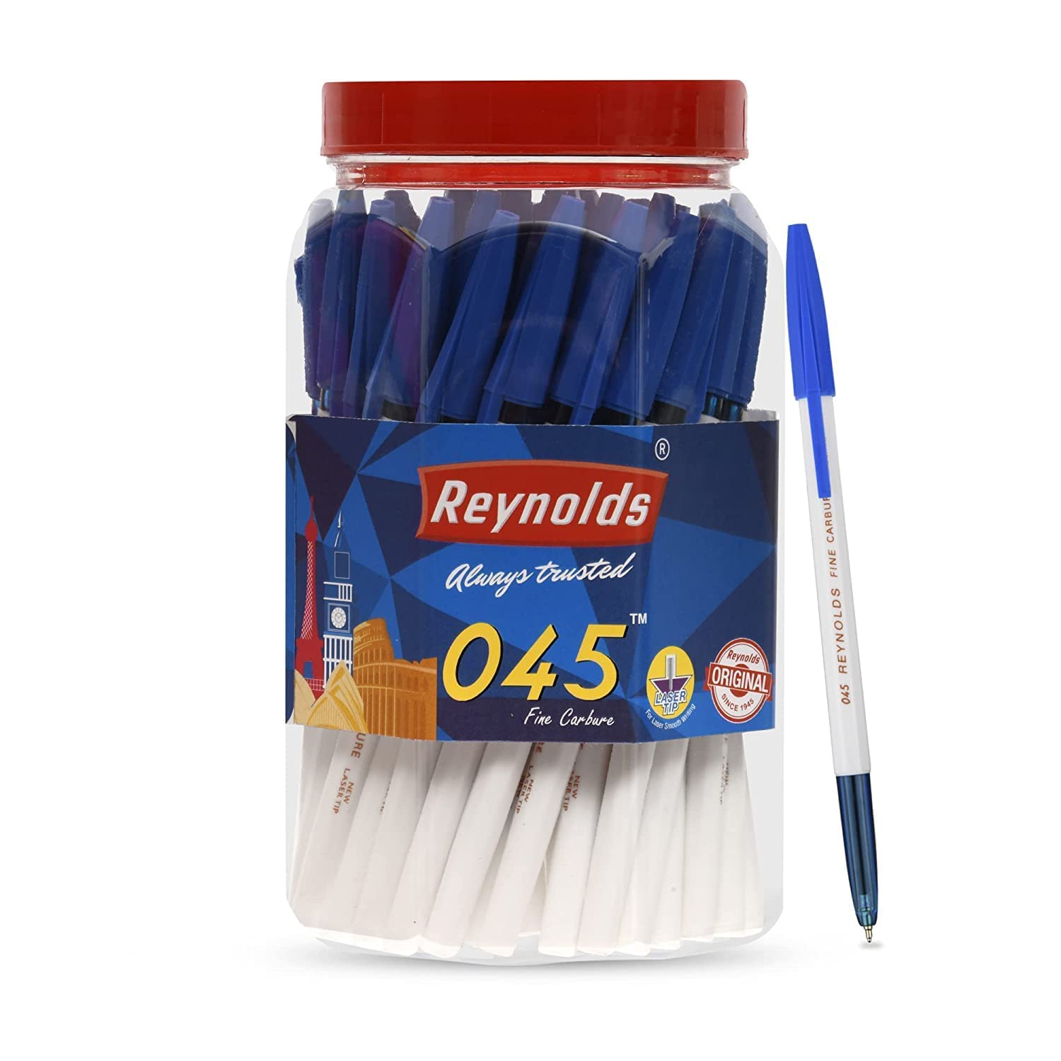 Reynolds 045 CARBURE 50 CT Jar Blau I leichter Kugelschreiber mit komfortablem Griff für extra glattes Schreiben I Schule und Büro Schreibwaren | 0,7 mm Spitzengröße