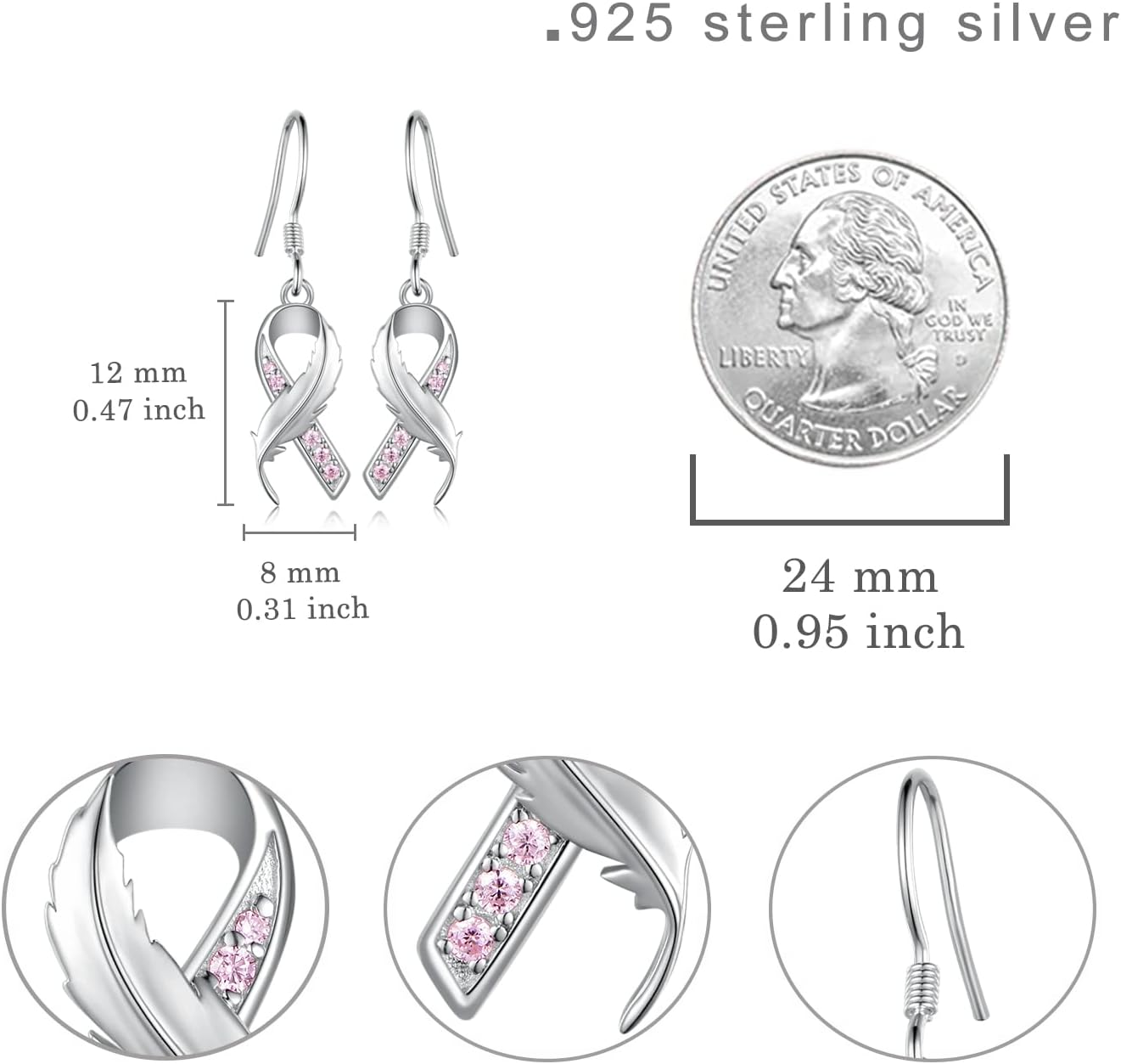 Breast Cancer Awareness Pink Ribbon Earrings 925 Sterling Silver Pink Ribbon Dangle Drop Earrings Breast Cancer Survivor Jewelry Gifts for Women - Image 4