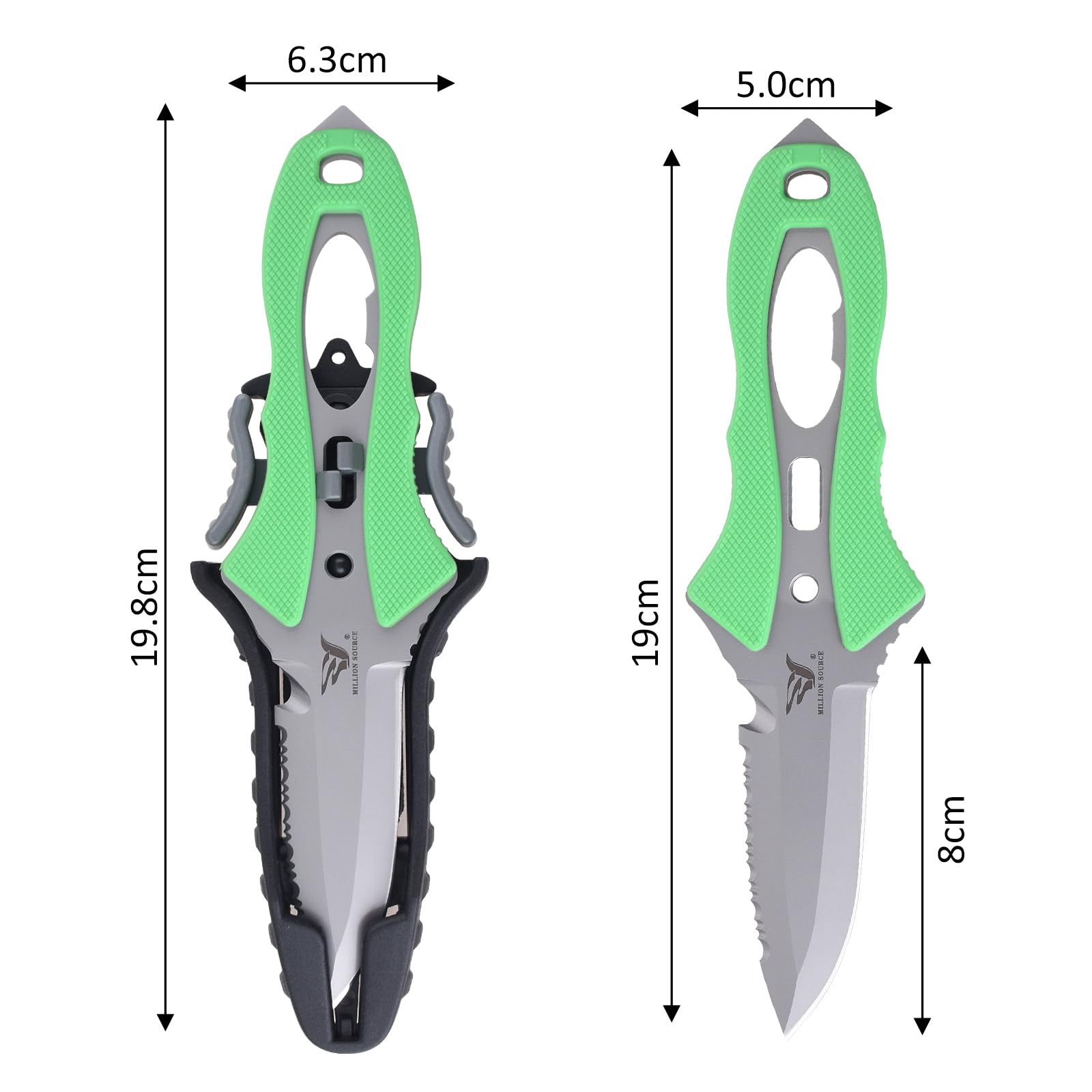 Tauchmesser Outdoor Rettungsmesser - 19 cm - Mit Sägezacken, Leuchtgriff& mehr - Ideal für Tauchen, Überleben & Notfälle