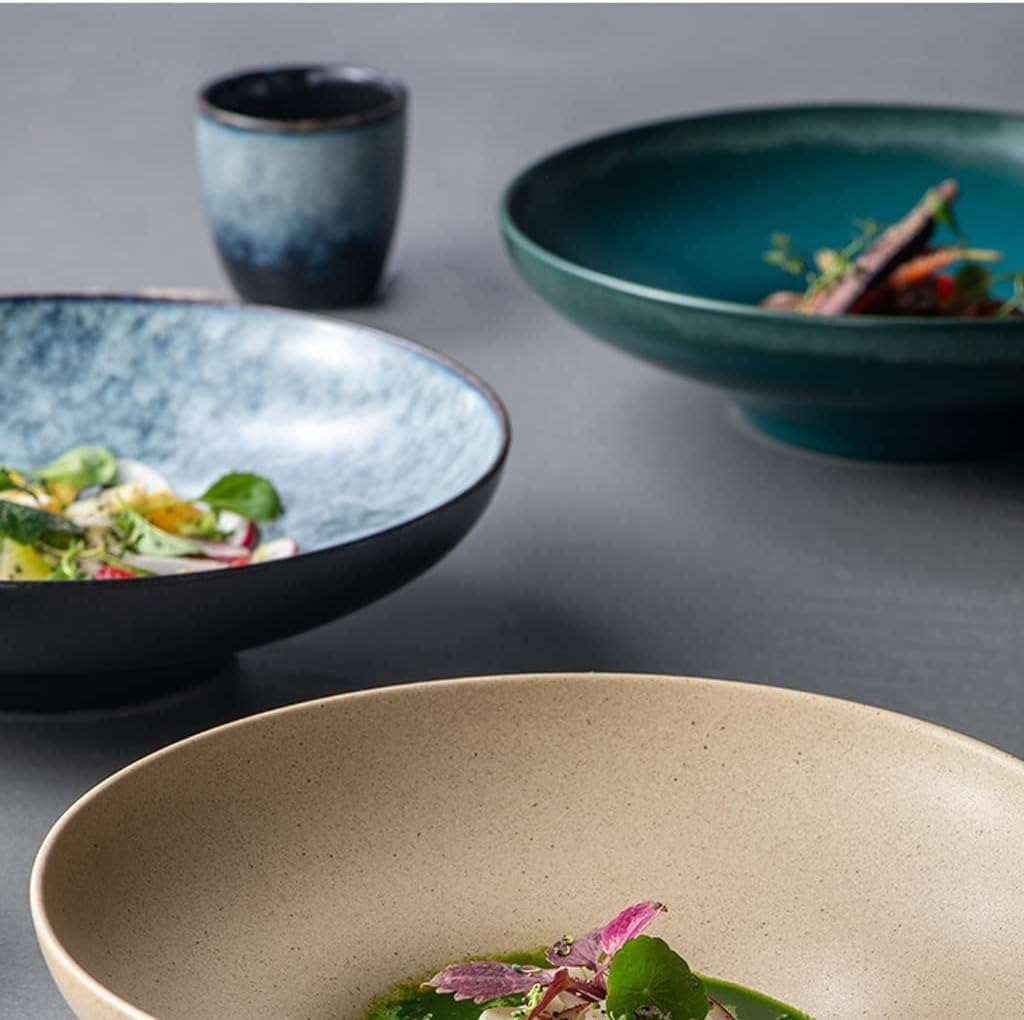 Zestaw 2 dużych ceramicznych misek do sałatek - 25 cm średnicy, kreatywne wysokie miski do zup, makaronu, owoców i makaronu, do układania w stosy, idealne do domu, restauracji i na imprezy (szary)