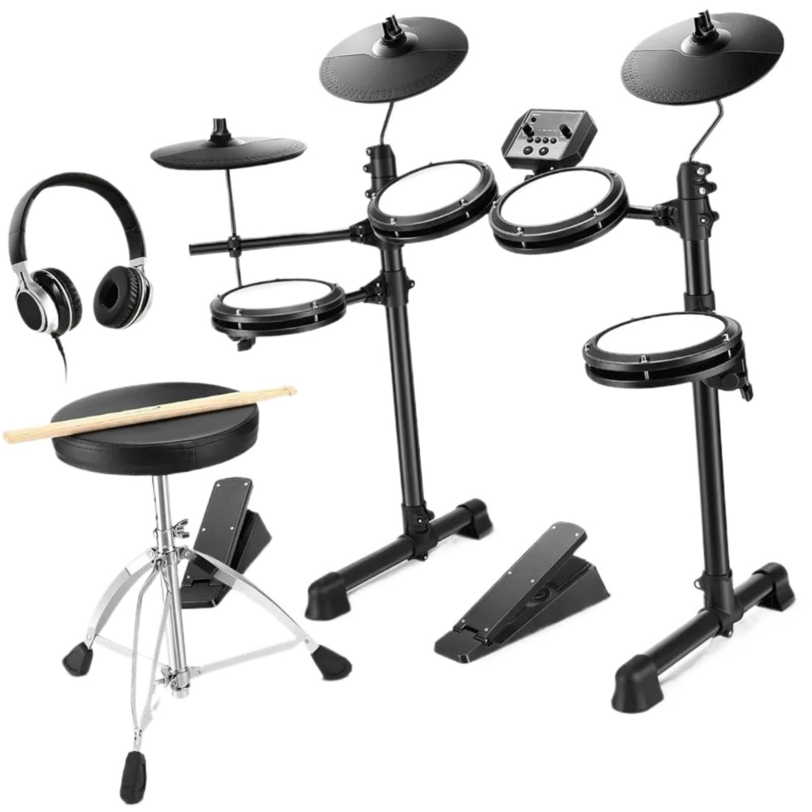 Set Di Batteria Elettronica Con 4 Pad Silenziosi In Mesh 180+ Suoni 2 Pedali Trono Cuffie Bacchette E Lezioni Di Melodica