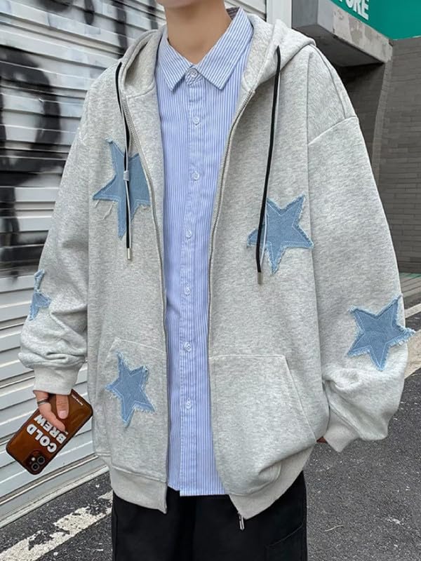 Image of BAIMORE Unisex Vintage Blue Star Patch Drawstring Zipper Hoodie Loose Casual Couple Jacket