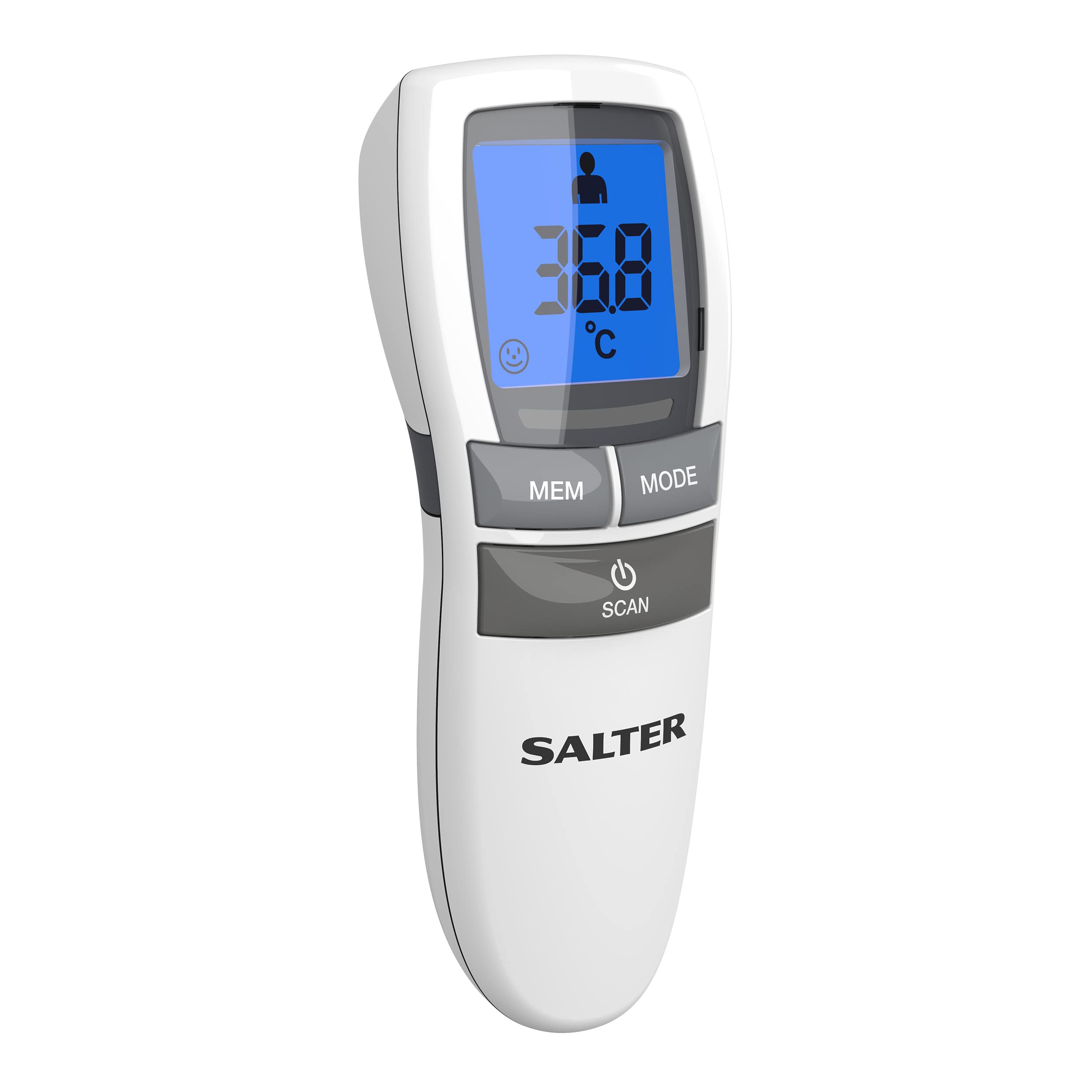 Salter TE-250-EU Termómetro infrarrojo sin contacto para frente, objetos y líquidos, modo noche, alarma de fiebre, memoria de 30 lecturas, lectura en un segundo, pantalla retroiluminada