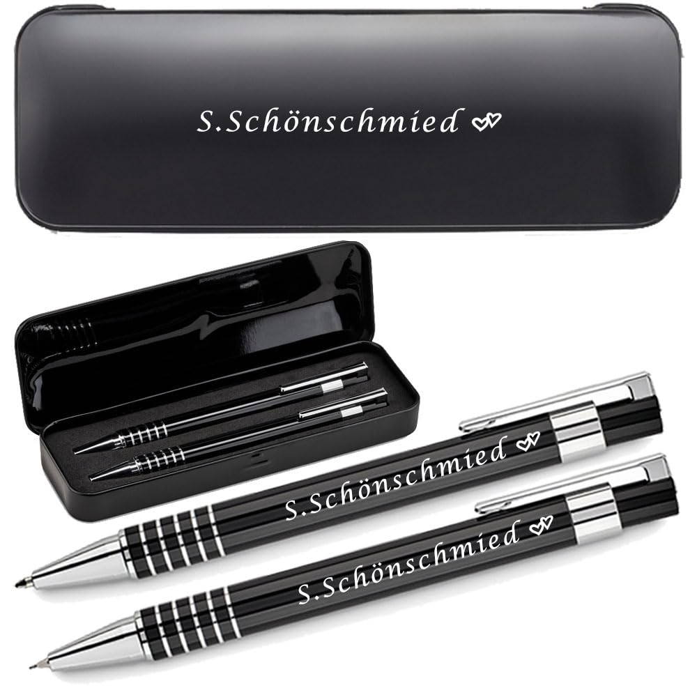 Schreibset aus Aluminium mit Gravur - Kugelschreiber & Druckbleistift | Personalisiertes Set mit Geschenkbox | Blau schreibend, Name
