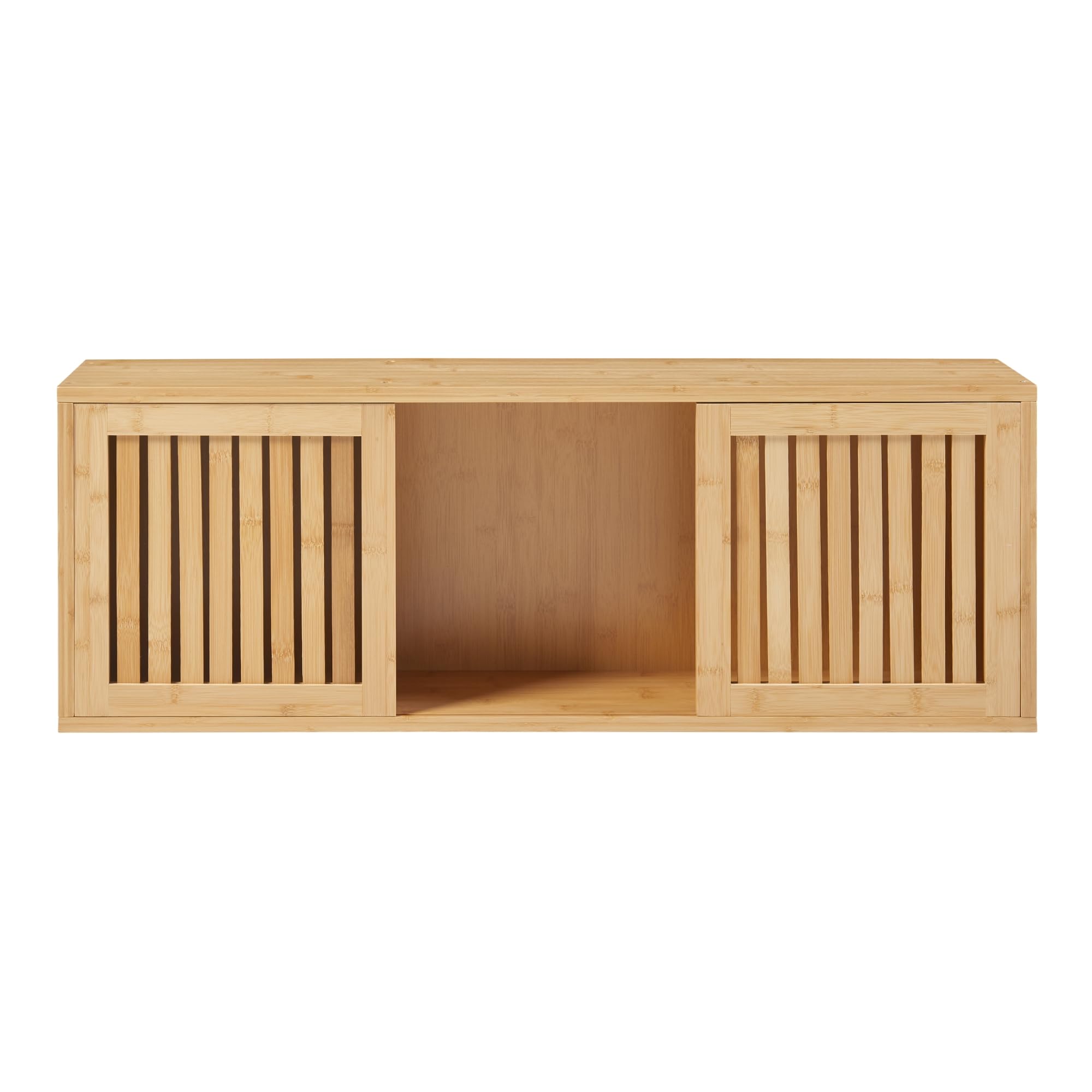 [en.casa] Estantería de Pared con 1 Compartimento Abierto y 2 Cerrados Mueble Mural con 2 Puertas Corredoras para Baño Cocina Ventilación Óptima Bambú 93 x 20 x 33 cm - Natural