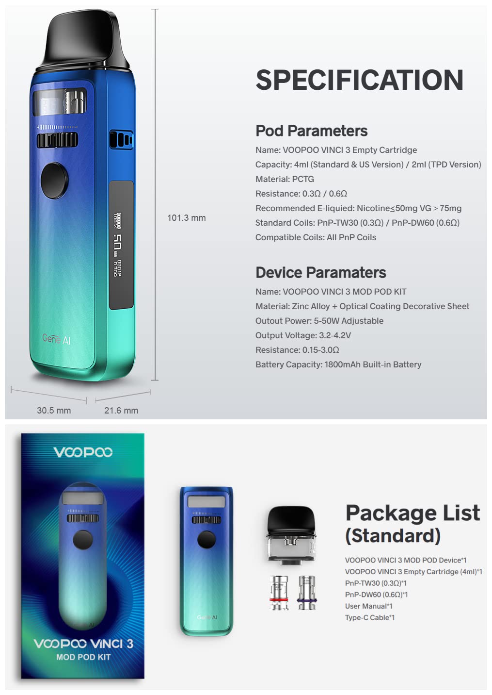 VOO'POO VINCI 3 Kit - VINCI 3 MOD POD 5-55W + Built-in Battery 1800mAh +  PnP-TW30 + PnP-DW60 Coil - E-Cigarette Vaporizer - No Nicotine/E-Liquid :  Amazon.fr: Electronics