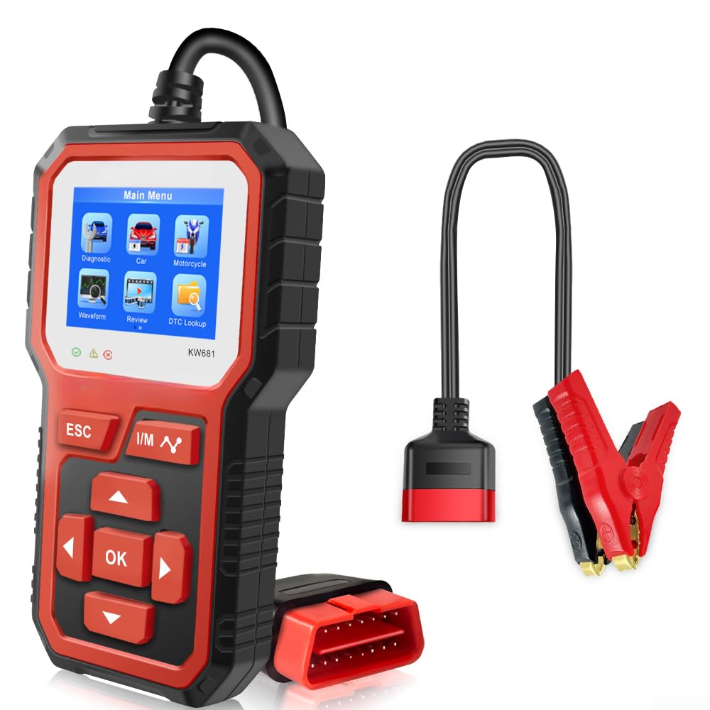 KW681 - Tester per batterie da 6 V/12 V per auto e moto, scanner diagnostico con lettura dei codici di errore e funzione di cancellazione, per batterie AGM, gel e acido, standard OBD2 (a partire dal