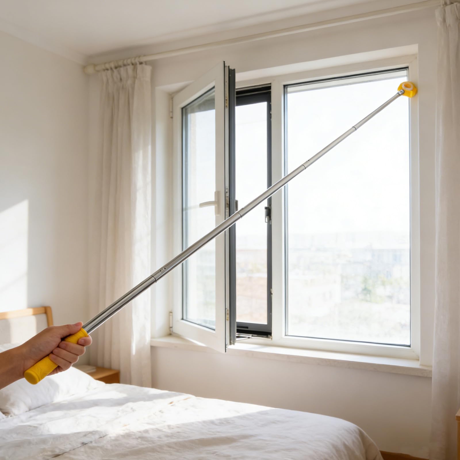 Tige télescopique pour fenêtre de toit : baguette de traction de rideau de 1,88 mètre, levier de commande d’ouverture de fenêtre – perche extensible en forme de tête de caneton pour
