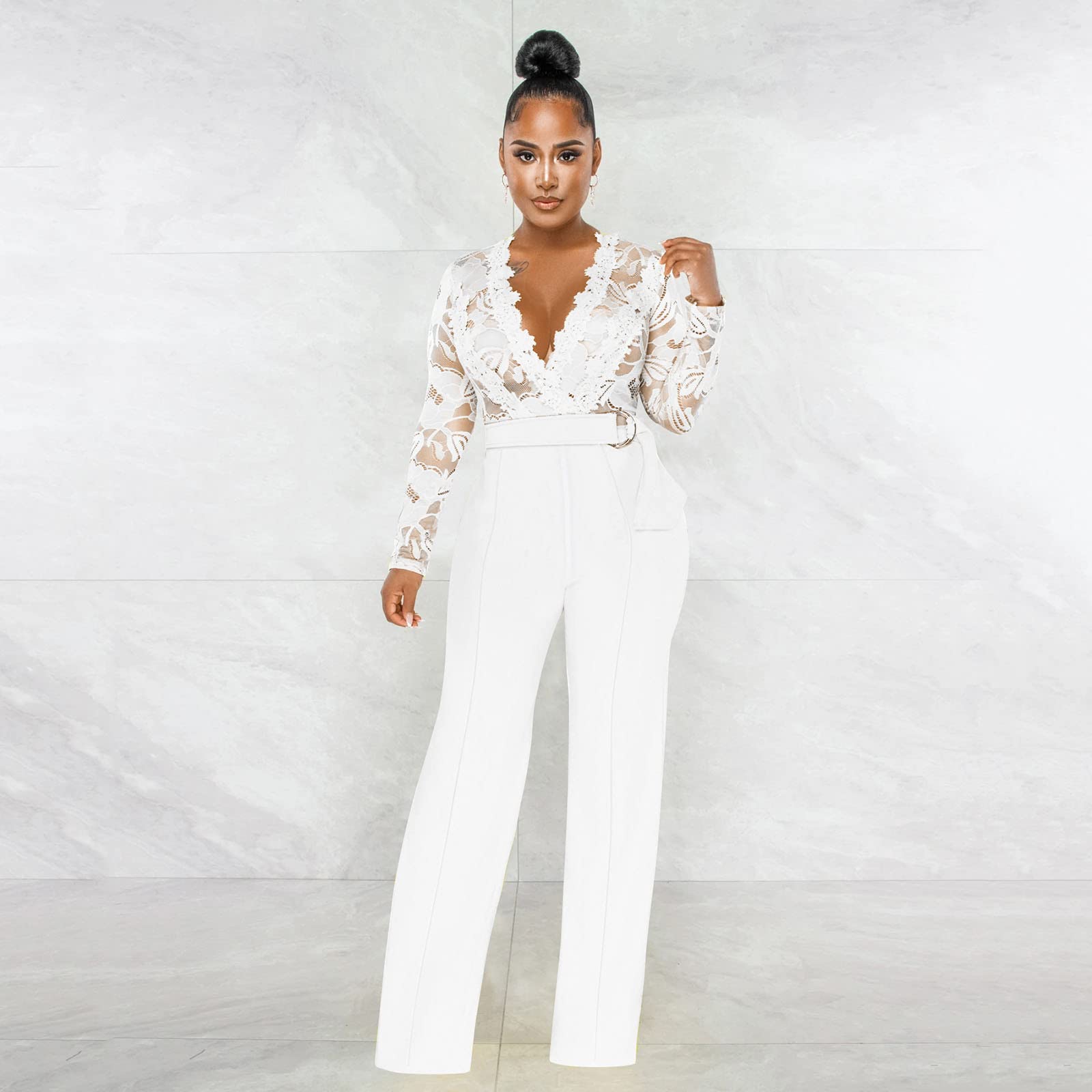 Generisch Mono para mujer, traje de pantalón, conjunto de mono de manga larga para mujer, mono de club, de encaje, bodycon