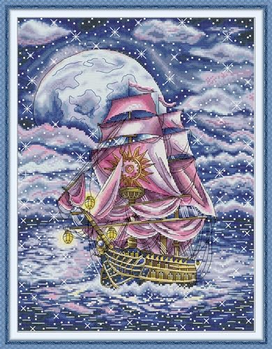 Image of CrossNest 14CT Counted Cross Stitch Kit for Beginners, Unprinted Complete DIY Embroidery Set with Pattern & Tools, Premium Aida Cloth & Threads (The Sailboat Under the Starry Sky)