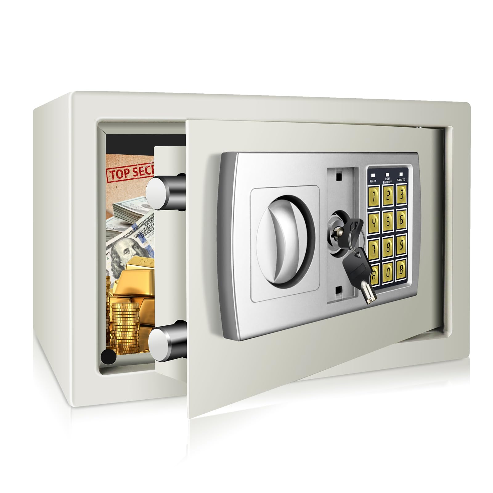 8.5L Electronic Safe Box with Digital Keypad and Key, Security Home Safe for jewelry Cash Documents, Fireproof and Waterproof WallSafes, Wall And Floor Fixings, 31x20x20cm, White