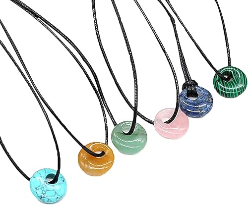 QSLLER 10 colgantes de piedra de forma redonda, cuentas de cristal de cuarzo con cadena de cordón de cuero sintético de 18 pulgadas para hacer