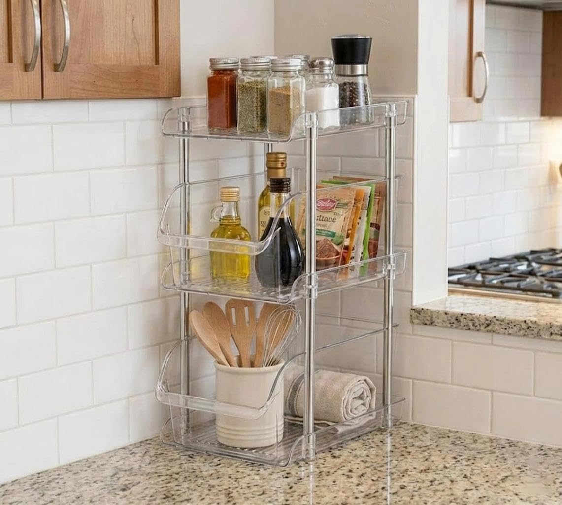 Organizer per lavello, a 3 ripiani, sotto il lavandino, trasparente, per bagno, cucina, ufficio