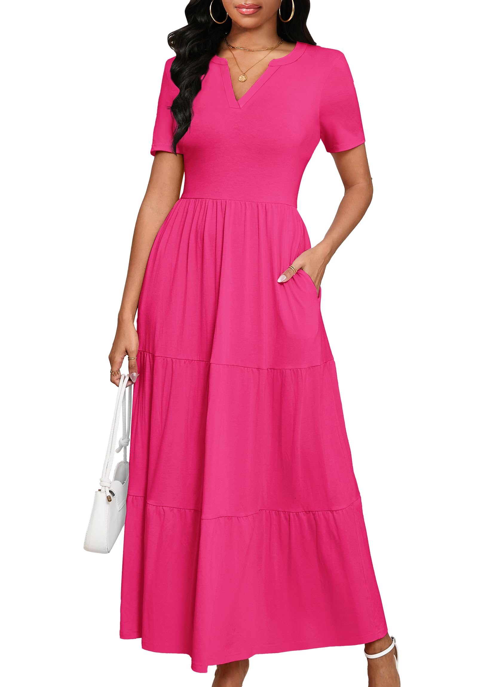 MarryUP Women 2025 Casual Loose Maxi Dress with Pockets V Neck Short Sleeve Tiered Long Summer Beach Swing Dresses
