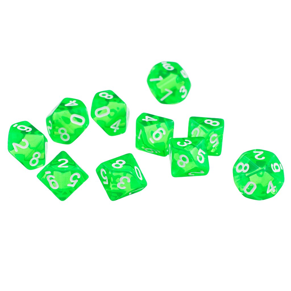 D10 Red Ten Sided Jewel Dice Games Set of 10 Dice - Green