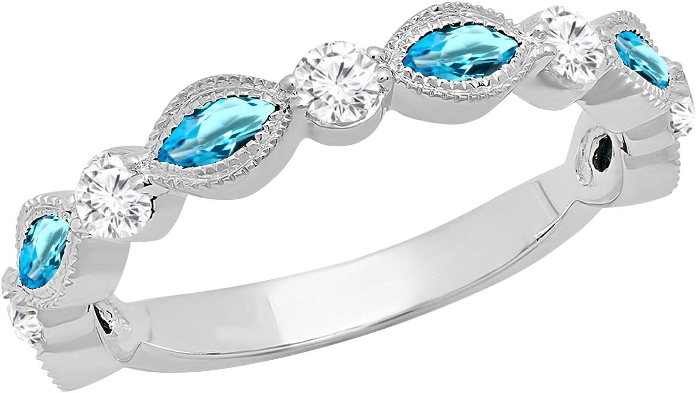Dazzlingrock Collection 10K Marquise Gemstone & Round White Diamond Ladies Vintage Anniversary Wedding Band, White Gold