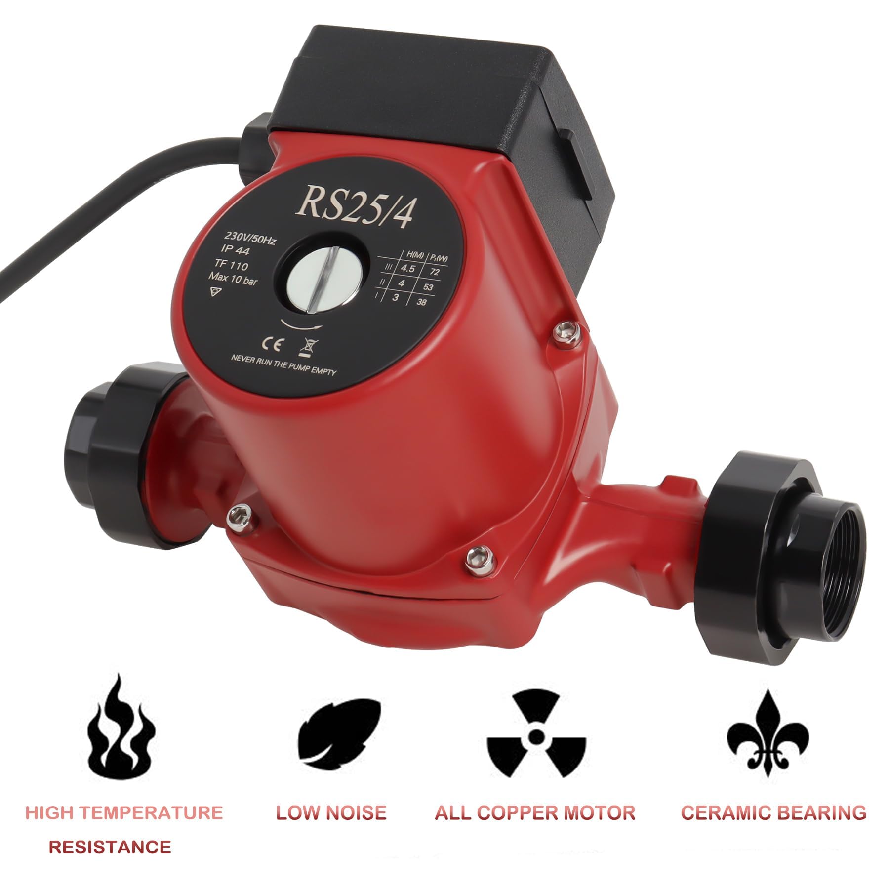 Pompe de Circulation D'eau Chaude RS25/4-180, Circulateur pour Chauffage Central 72W, Pompe à Pression pour Circulateur Domestique Réglage à Trois Vitesses par Poweka
