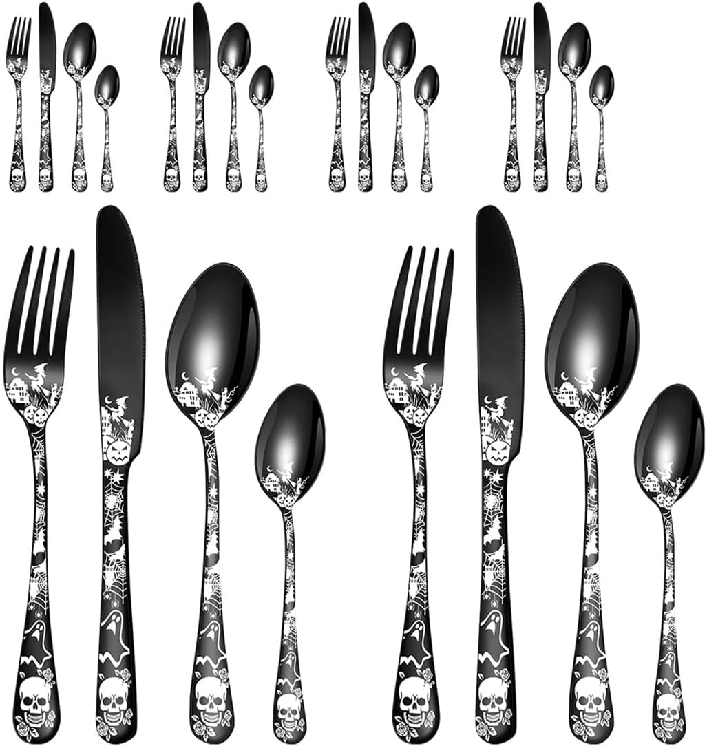 XIAOYU 24-Piece Halloween Themed Skull Silverware Set, Gothic Skull Pattern Design, Stainless Steel Flatware Set Serving for 6, Knives Forks Spoons Cutlery Daily Halloween Party Event, Black