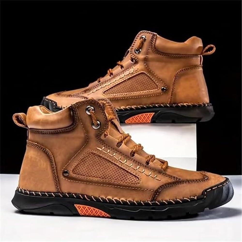 Sawbehind Men's Comfortable Handmade Leather Boots, Men's Casual Leather Handmade Non-Slip Arch Support Shoes(Khaki,45 EU)