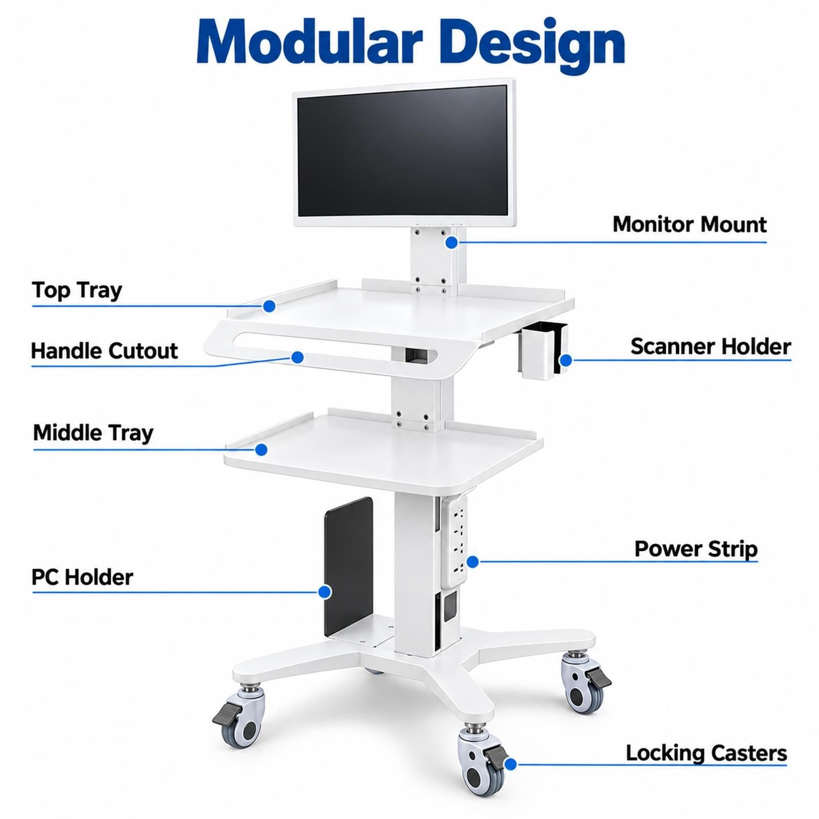 Wózek na laptopa medycznego na kółkach z uchwytem na monitor