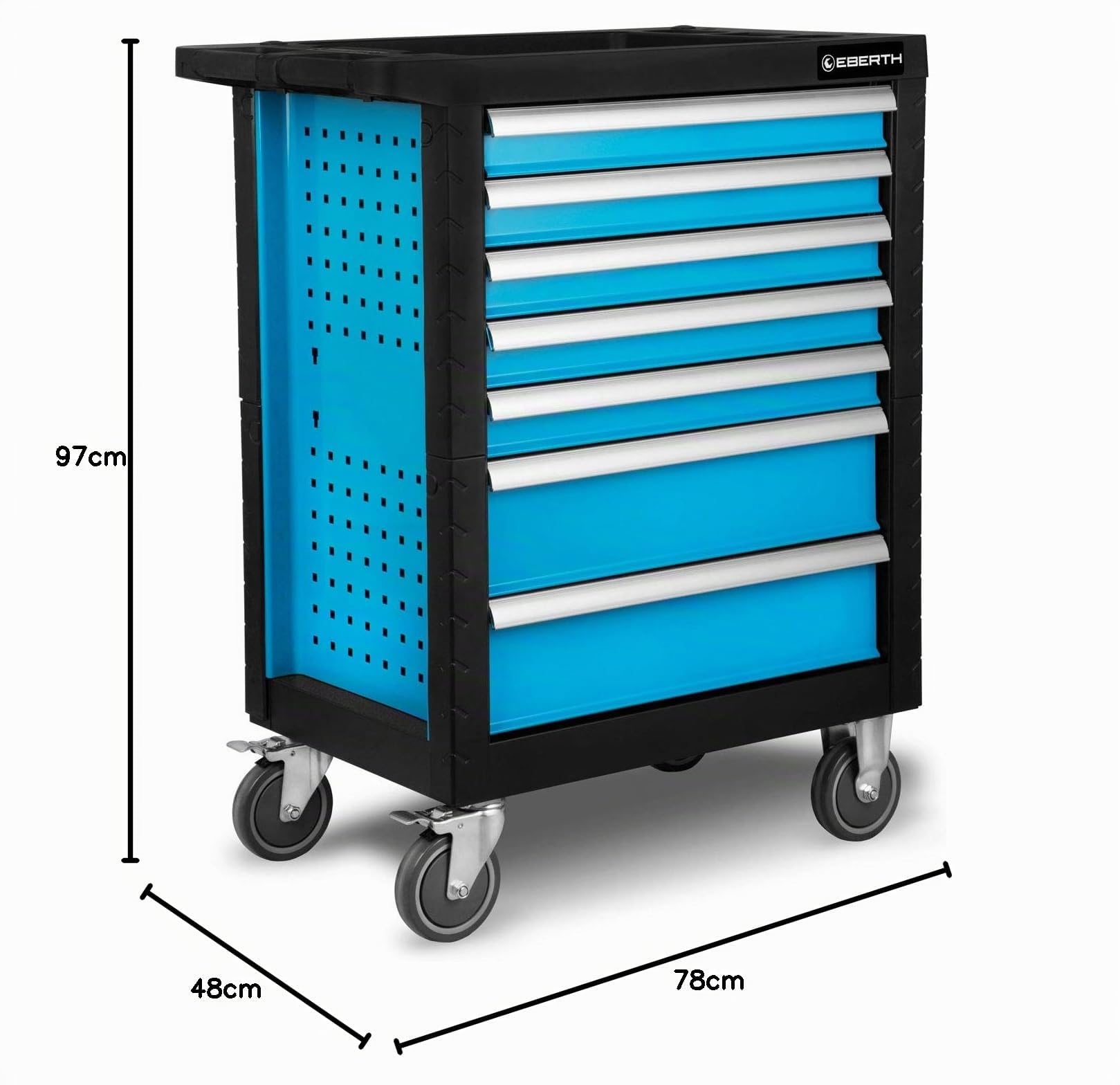 EBERTH Servante d'atelier, 167 pièces, 7 tiroirs, 5 remplis d'outils, Boîte à Outils à Double paroi en Acier, revêtement époxy Bleu, Roues pivotantes, Frein de stationnement, poignées ergonomiques