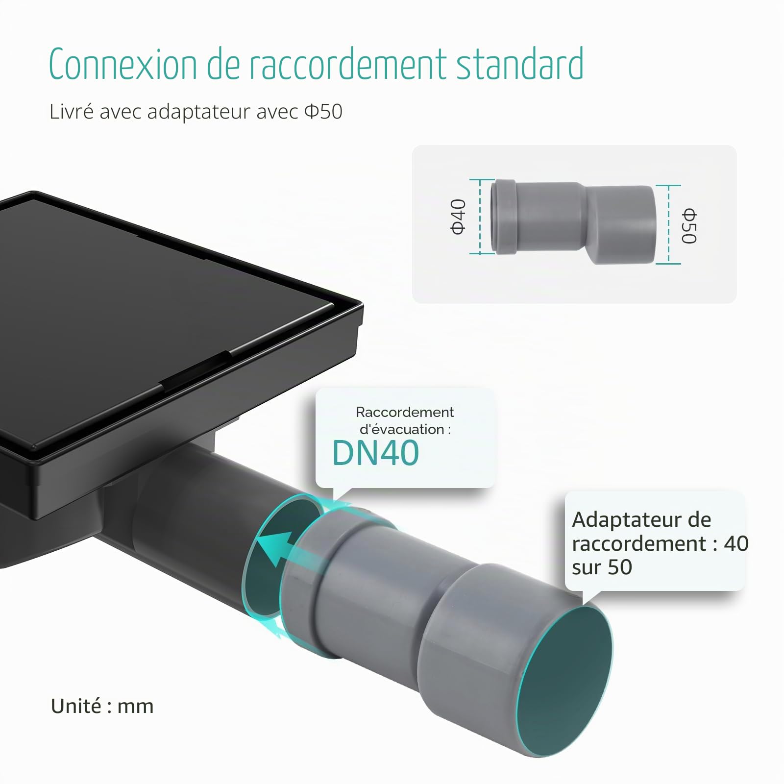 EMKE Bonde de douche avec siphon, caniveau de douche, siphon de douche, siphon anti-odeurs et tamis à cheveux, trou d'écoulement pour receveur de douche, noir