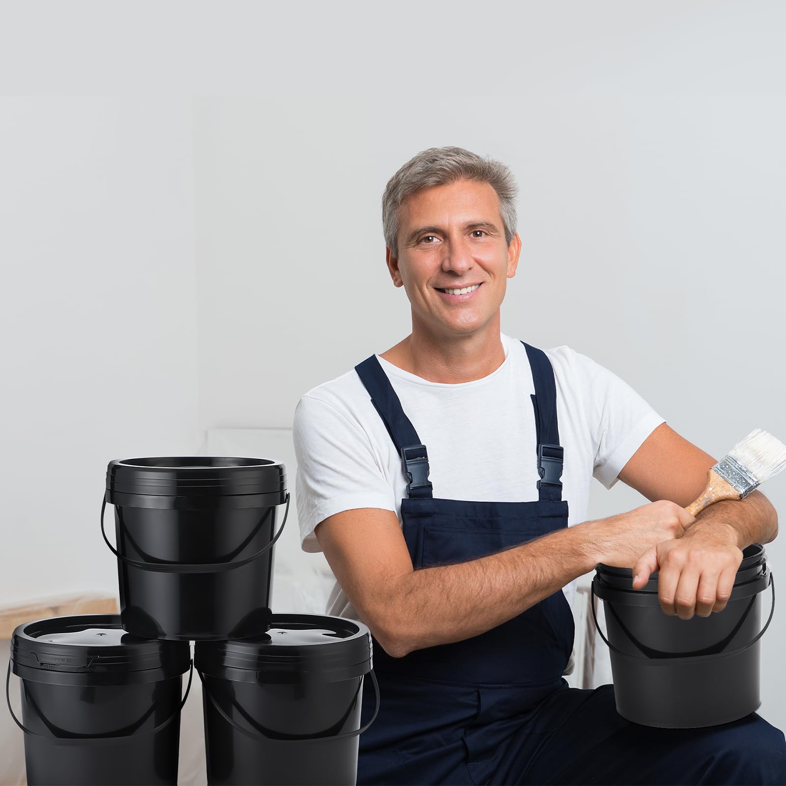 Gerrii 10 schwarze Kunststoffeimer mit Griff und Deckel, Lebensmittelbehälter, Allzweckeimer für Mehrzweckfarbe, Wasserkunst, Bastelprojekte, Garagenorganisation