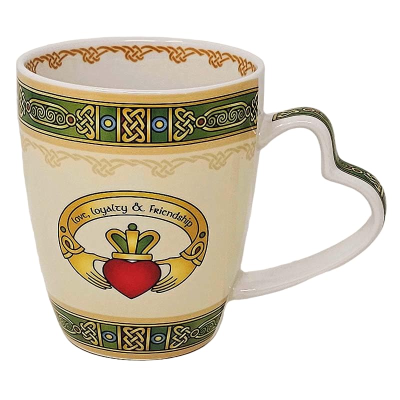 GaelSong Ceramic Claddagh Mug Cream Design Green Elements Coffee Tea Cup Irish Hot Drinks Kitchenware Present Housewarming Gift Love Friendship Loyalty Symbol Heart Shaped Handle