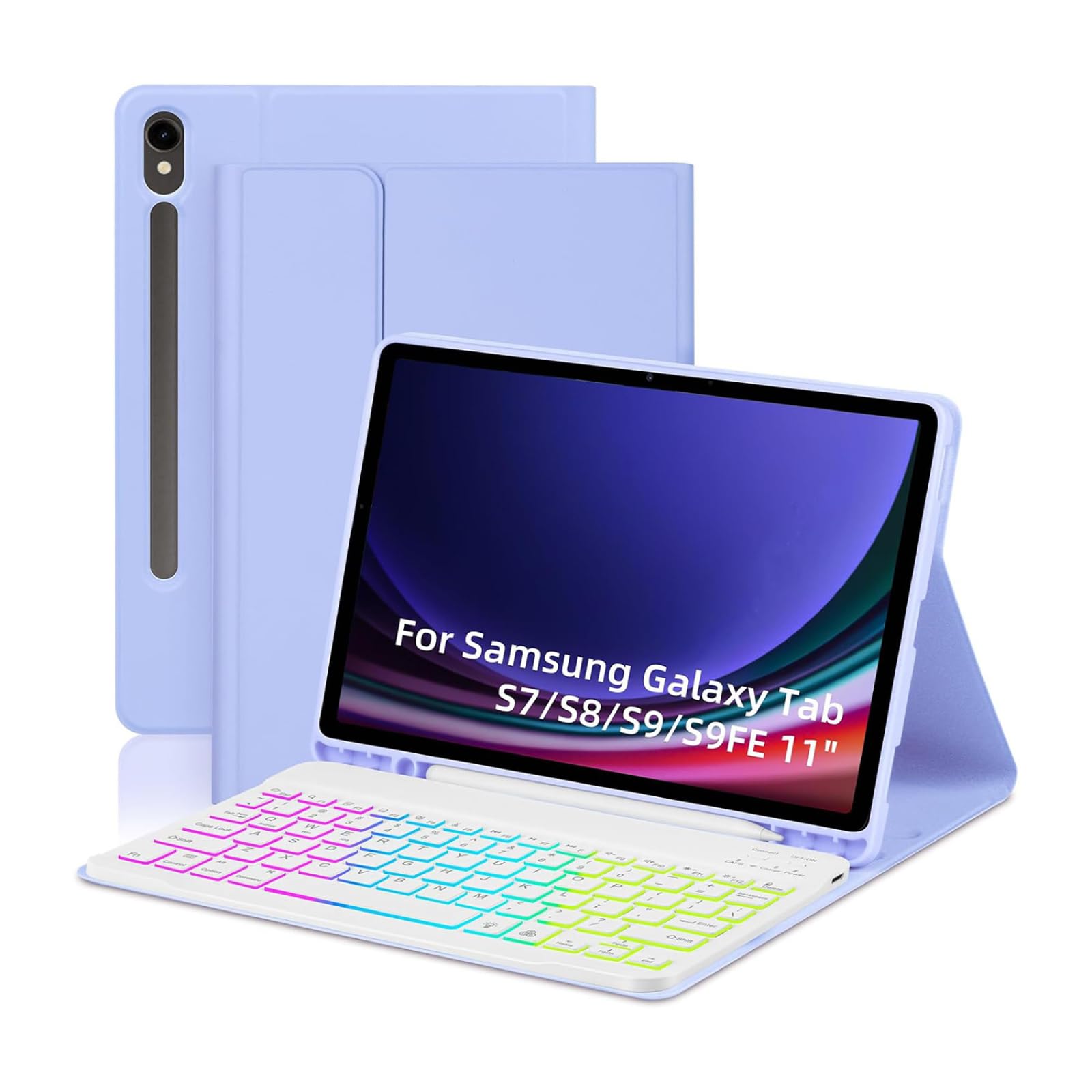 Kit clavier et souris Bluetooth pour tablette Samsung Galaxy Tab S7 S8S9 S9FE 11 avec fente pour stylo Clavier Bluetooth rétroéclairé coloré + souris + étui de protection