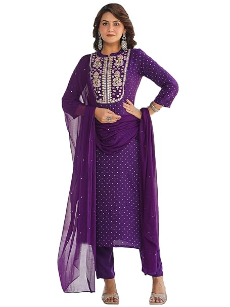 GoSriKi Women's Cotton Blend Straight Embroidered Kurta with Pant & Dupatta