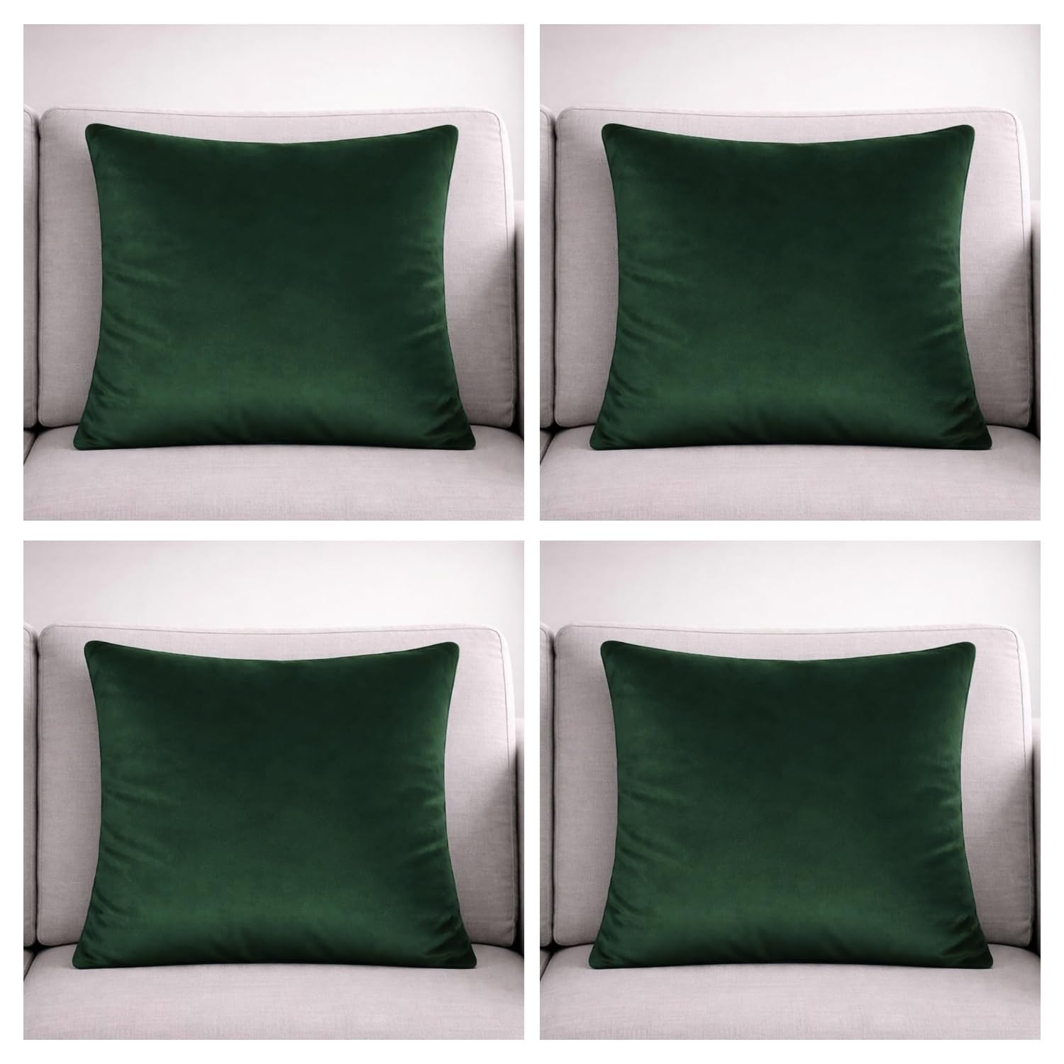 Seechoo Set of 4 - Velvet Cushion Covers Extra Soft Plush 18x18 Inch Decorative Luxury Pillowcases Invisible Zipper 45cmx45cm - 17 Colours (Forest Green)