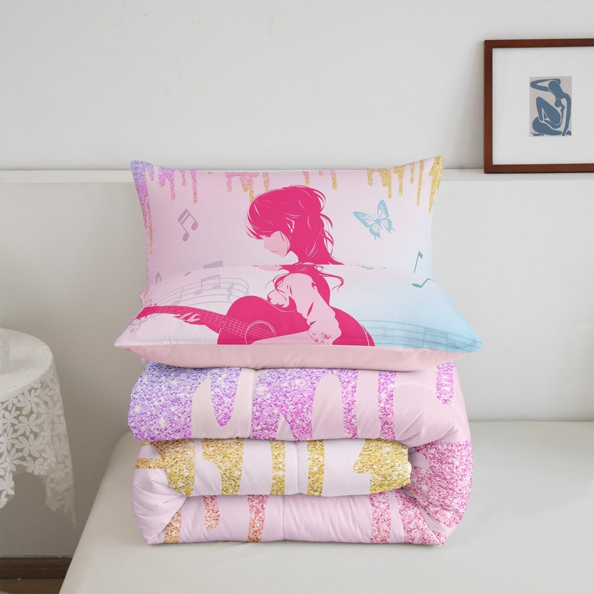 jejeloiu Girls Singer Comforter Set Pink Music Guitar Bedding Set Queen Size Glitter Fashion Women Comforter Gift for Sister Friends Lightweight Bed Set with 1 Comforter, 2 Pillow Case Quilt Set