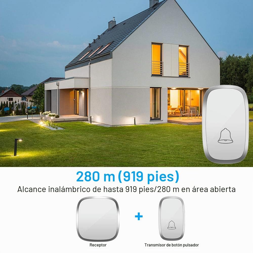Timbre Inalámbrico Impermeable Timbres para Puerta, Receptor y 1 Transmisor, 4 Volumen Ajustable, 36 Melodías Ajutables, Alcance a 300m, Timbre de Puerta para Interior y exterio (Blanco)