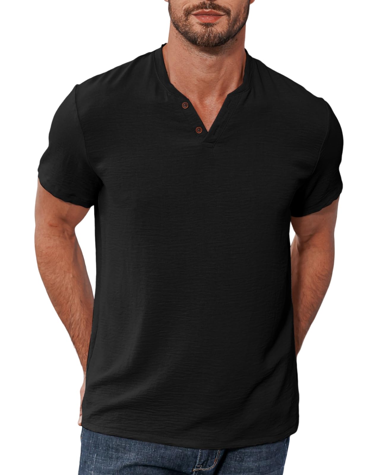 LAOARA Henry Maglietta da uomo estiva, a maniche corte, con bottoni, per vacanze, casual, leggera