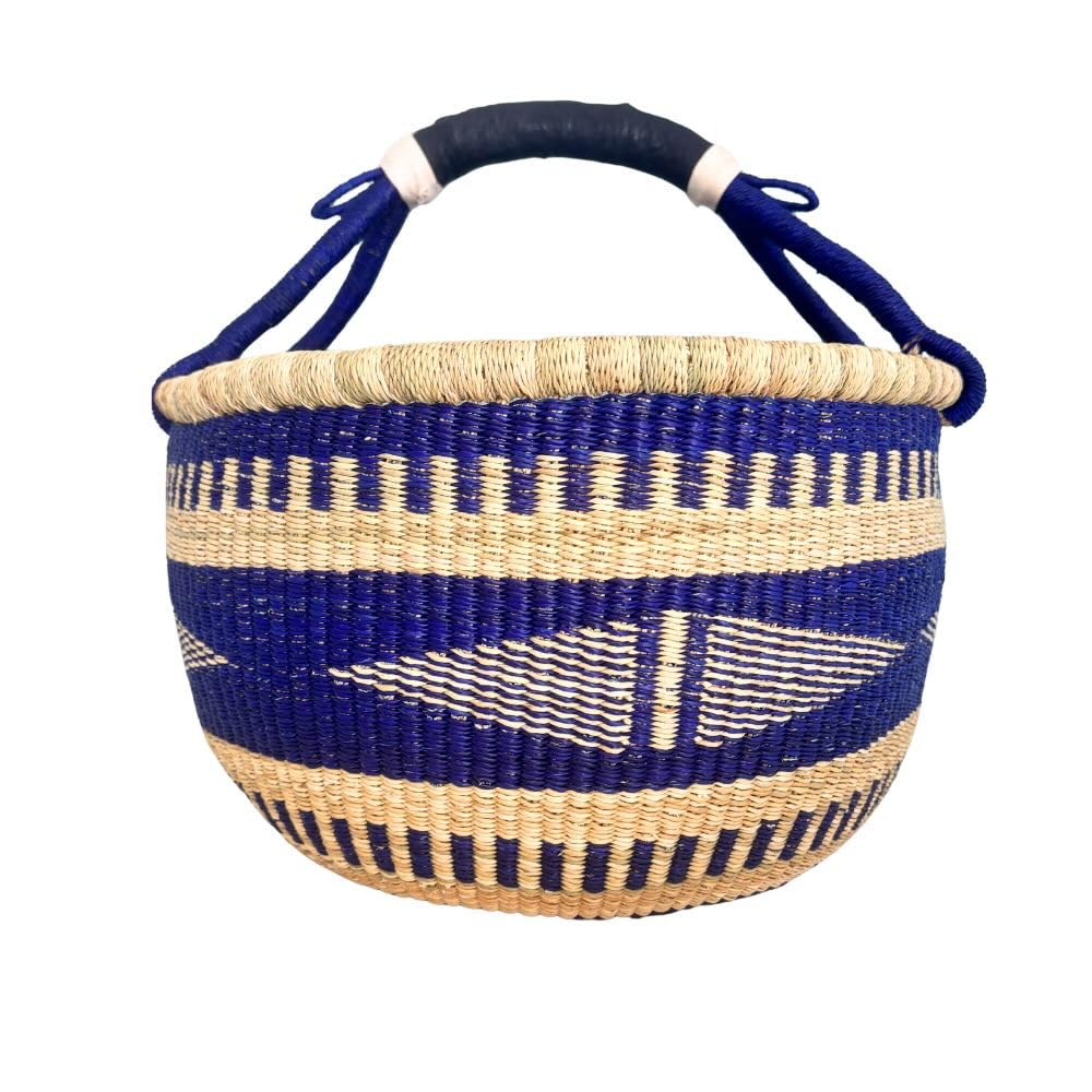 Bolga Korb Afrika - XXL - Das Original aus Ghana - Bunt - Fair Trade - Rund - Viele Farben - Afrikanischer Graskorb mit Ledergriff - Flechtkorb 30-40 cm - Rundkorb mit Wunschdesign (Tamale)