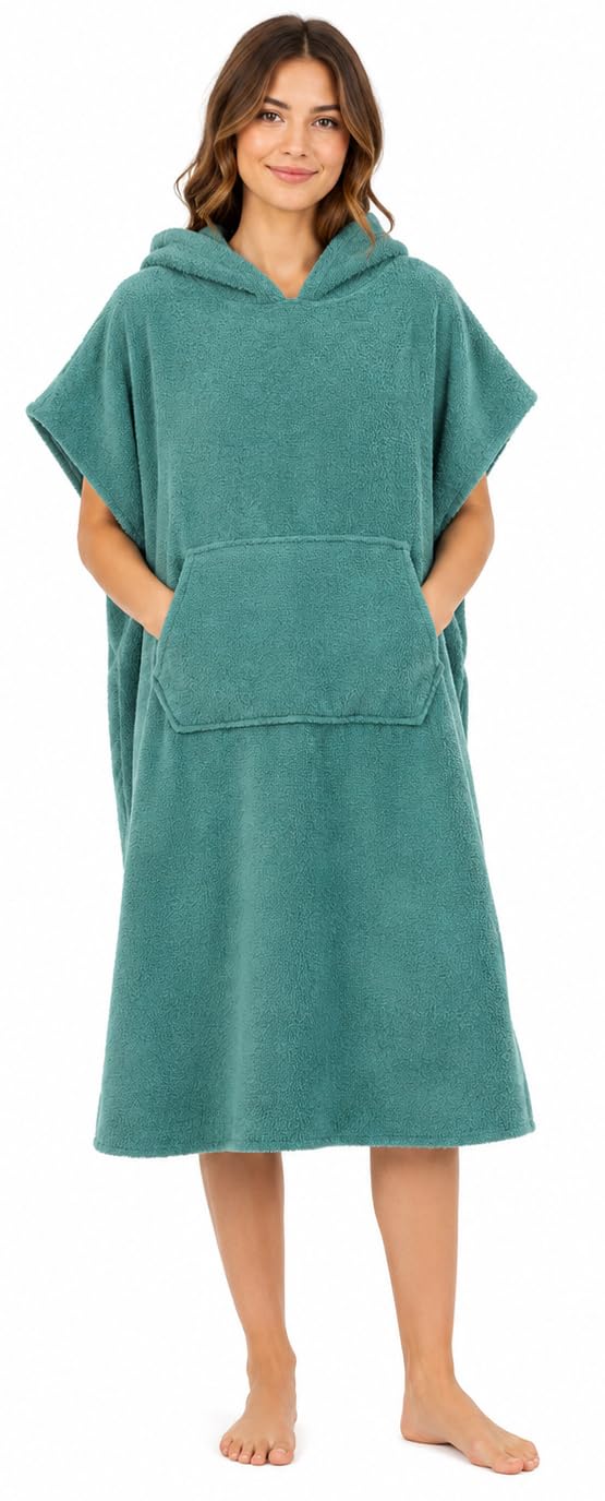 Adore Home Adults Hooded 100% Cotton Changing Robe with Pocket Beach Terry Towelling Poncho Towel Swimming Surf, L/XL, Teal