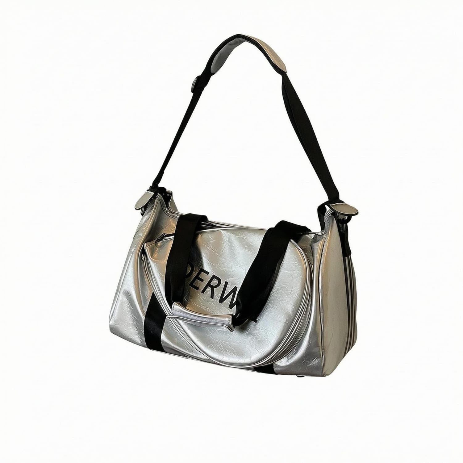 URJIX™ Glossy Rectangular Duffel Bag Detachable Strap PU Silver | Carrying Options Construction Storage Detail Silver-image-8