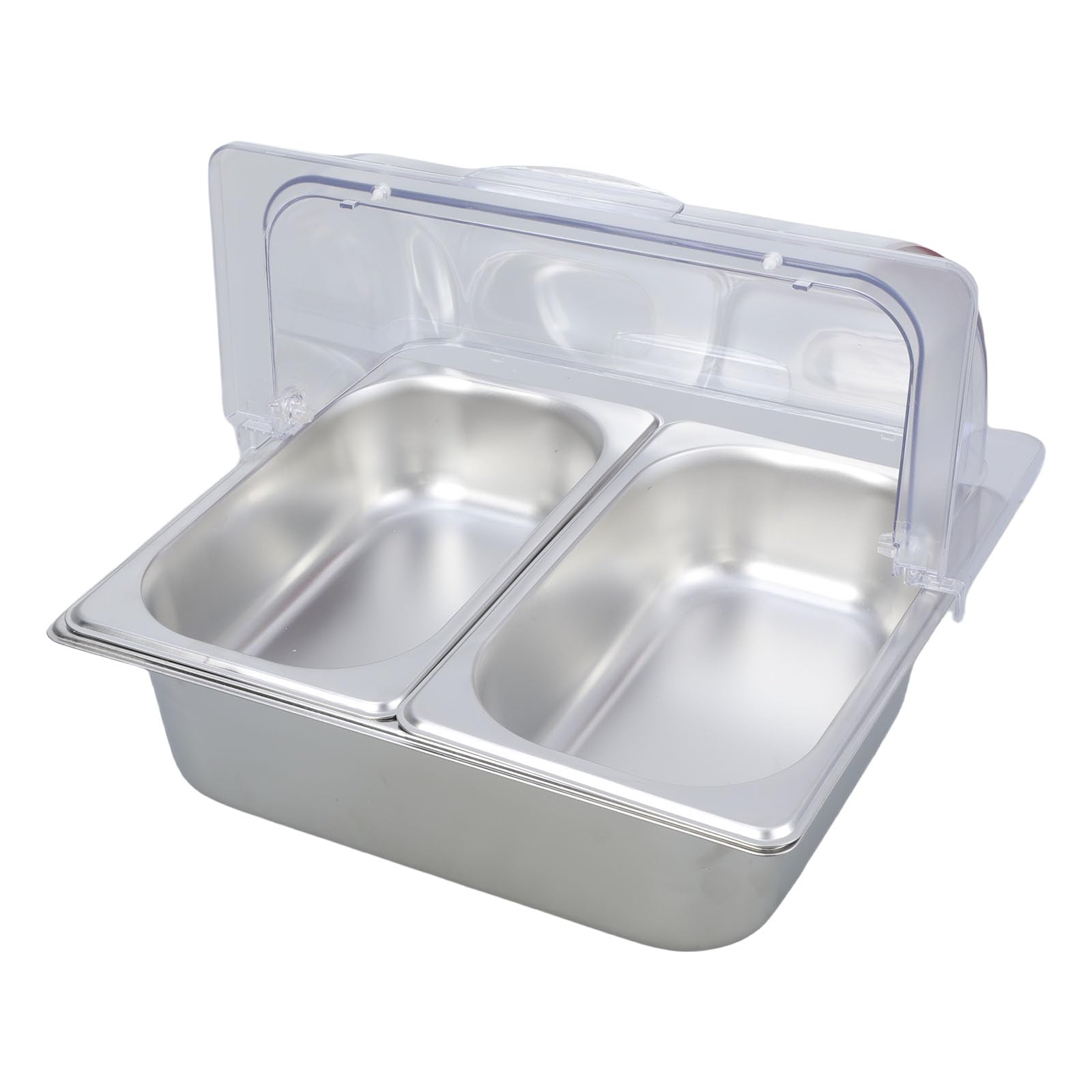 Msioytog Commercial Grade Stainless Steel Buffet Presentation Tray with Dividers Clear Lid 2 Compartment Food Serving Pan Stainless Steel Buffet Condiment Dispenser